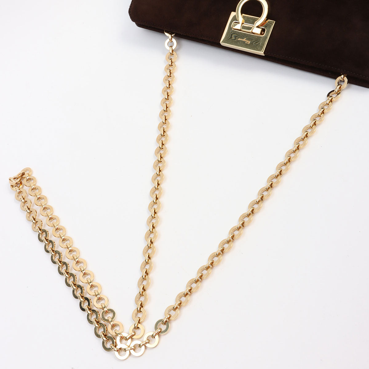 Suede Gancini Plate Chain Shoulder Bag Brown