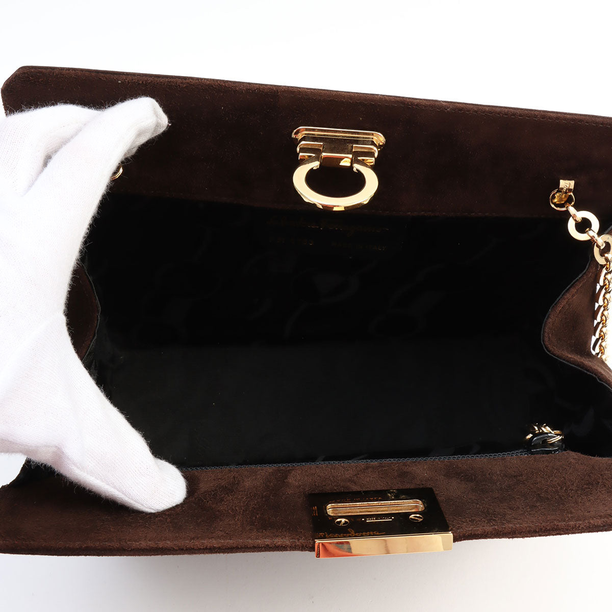 Suede Gancini Plate Chain Shoulder Bag Brown