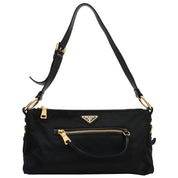 Nylon logo plate shoulder bag in black
