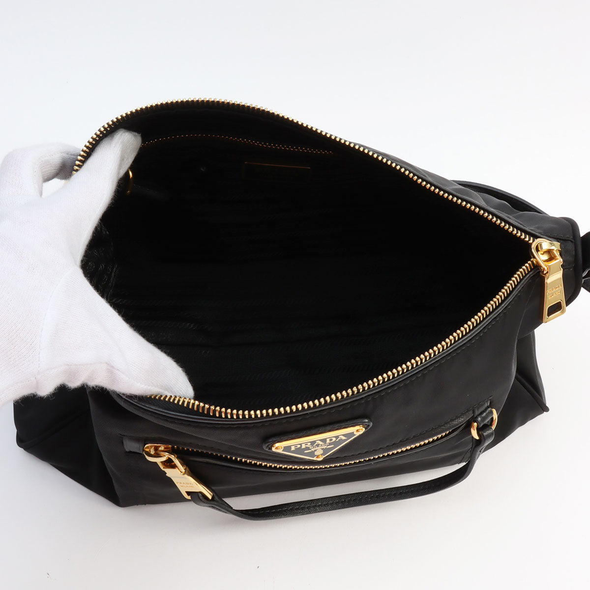 Nylon logo plate shoulder bag in black