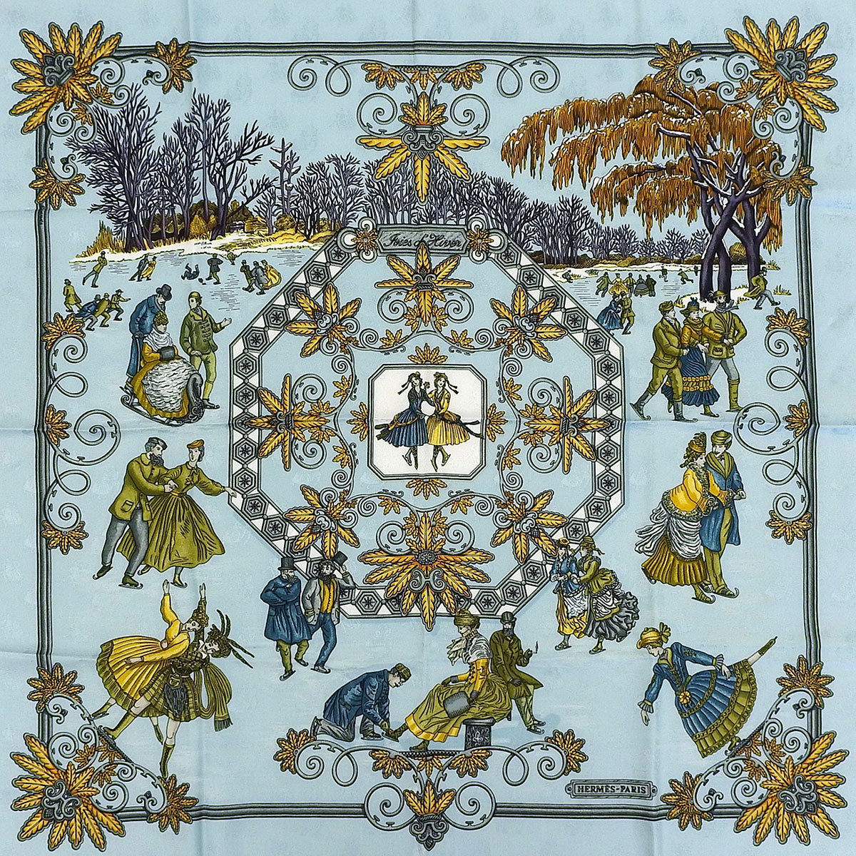 カレ90 Les Joies d'Hiverパターンスカーフ ライトブルー/マルチ