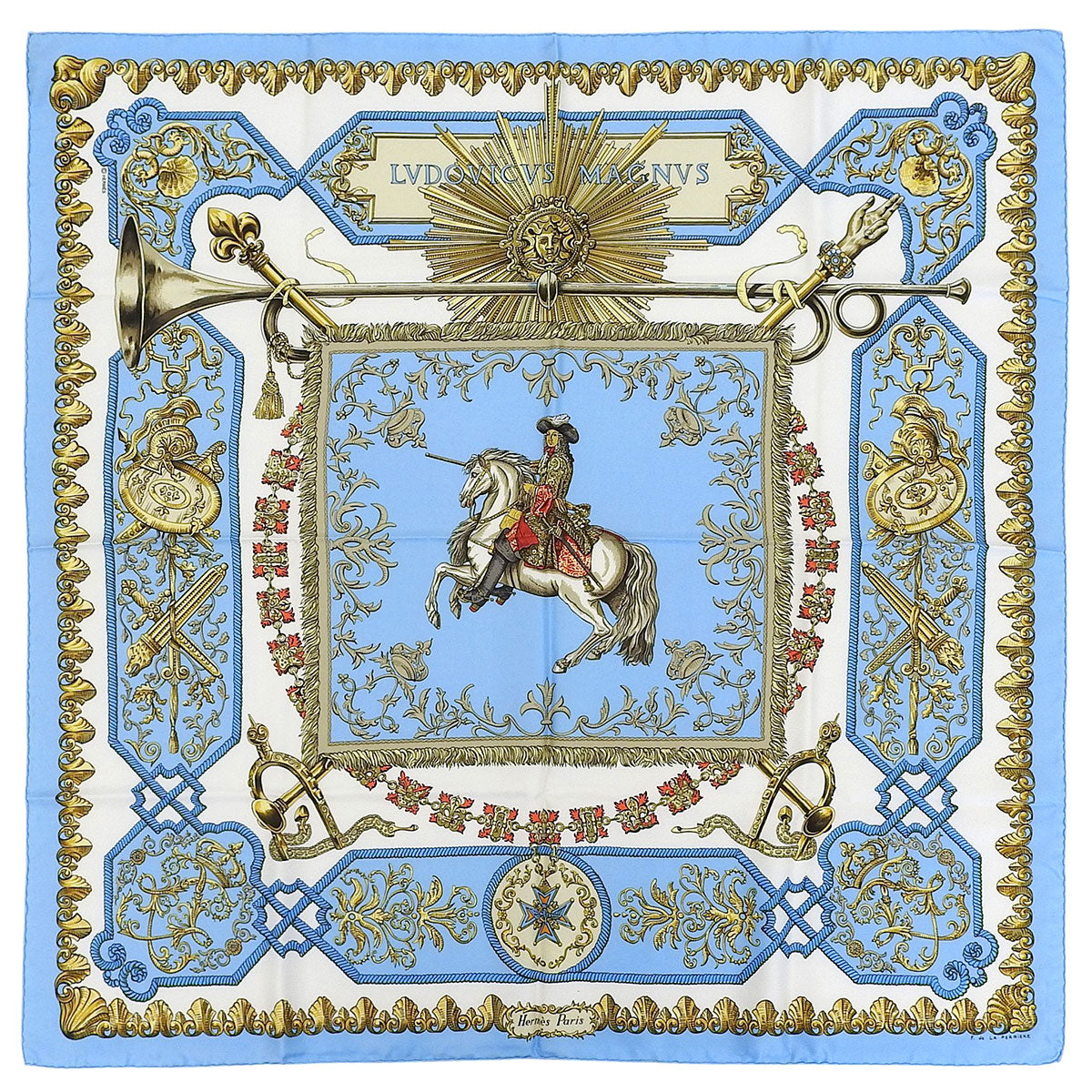 Carré 90 LVDQVICVS MAGNVS Pattern Scarf Light Blue/Multi