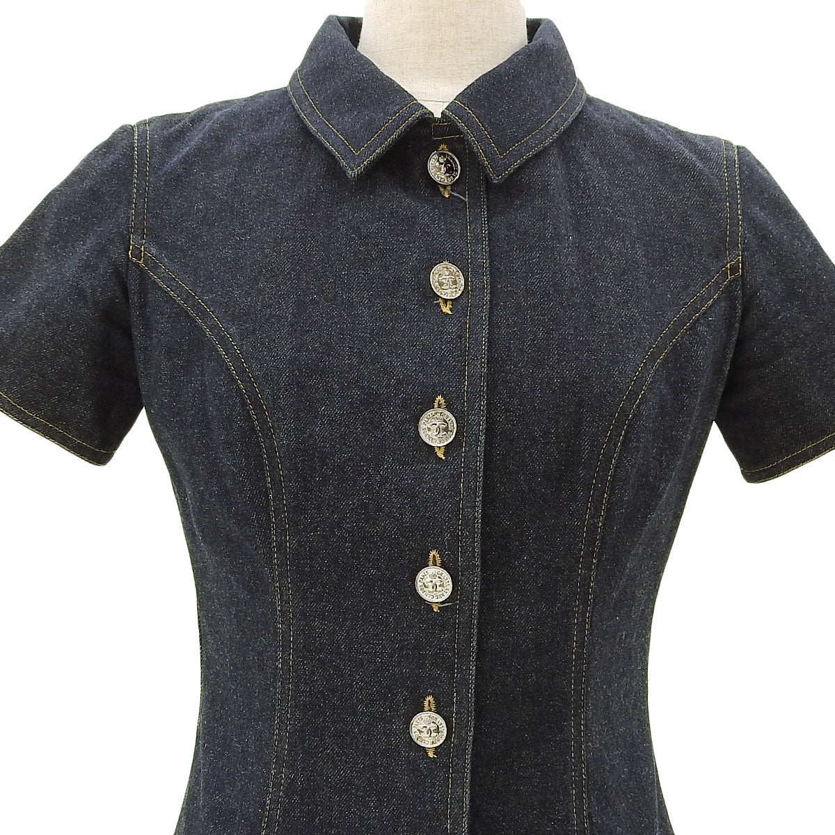 Denim CC-logo button short-sleeve dress #36 Indigo