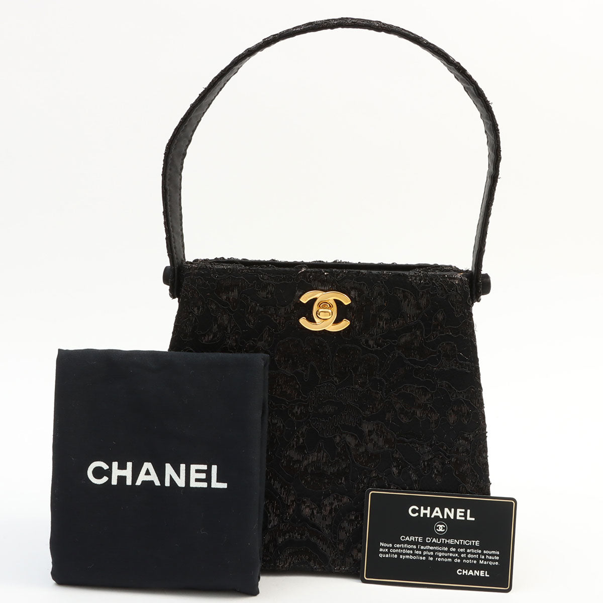 Circa 1998 Satin Lace Double-Sided CC Turn-Lock Handbag, Black