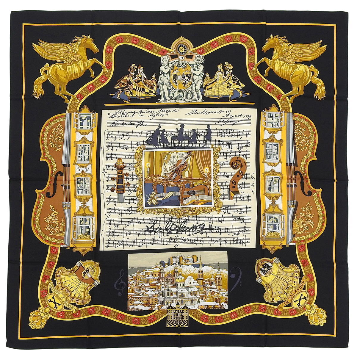 Carré 90 Hommage Mozart Pattern Scarf Black/Multi