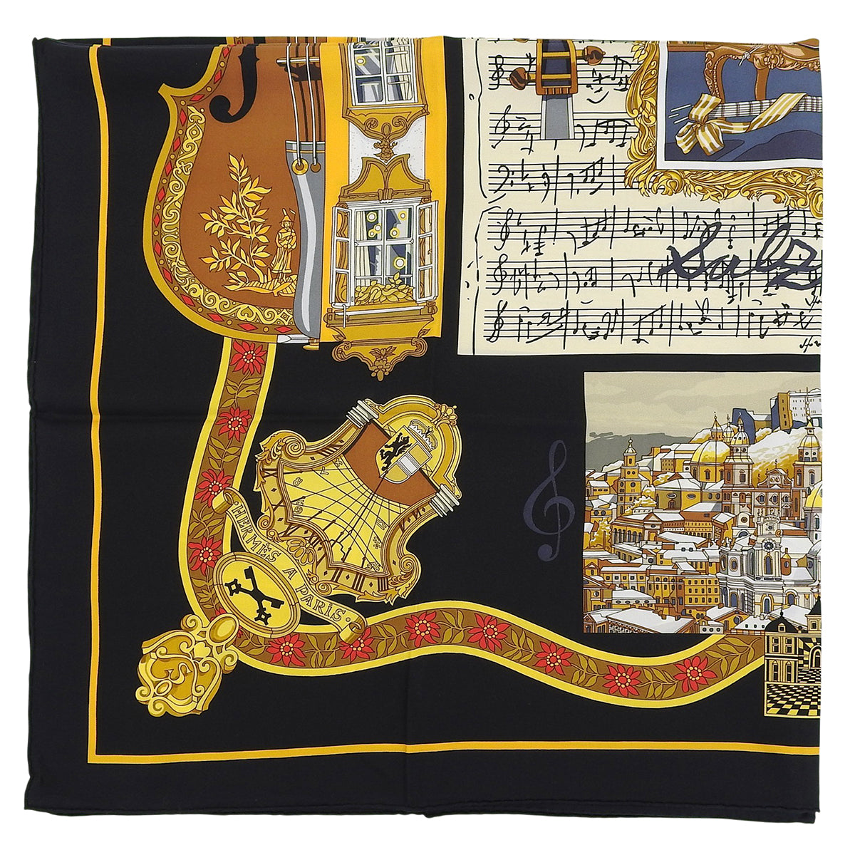 Carré 90 Hommage Mozart Pattern Scarf Black/Multi