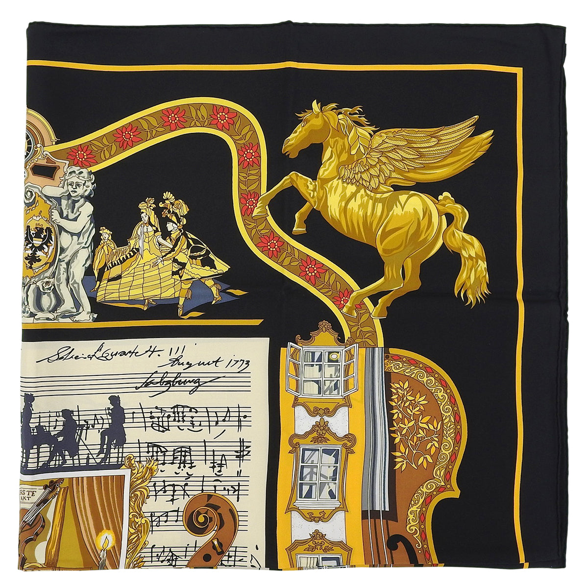 Carré 90 Hommage Mozart Pattern Scarf Black/Multi