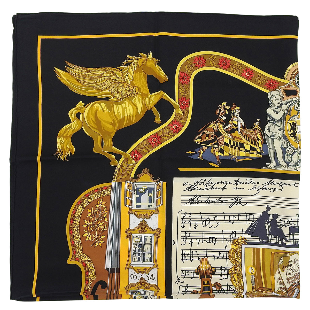 Carré 90 Hommage Mozart Pattern Scarf Black/Multi