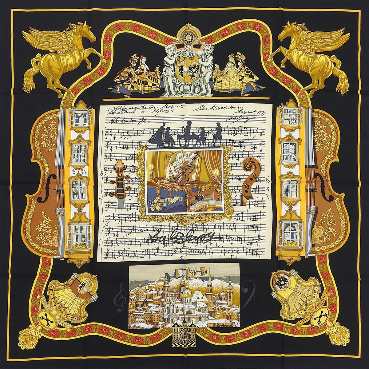 Carré 90 Hommage Mozart Pattern Scarf Black/Multi