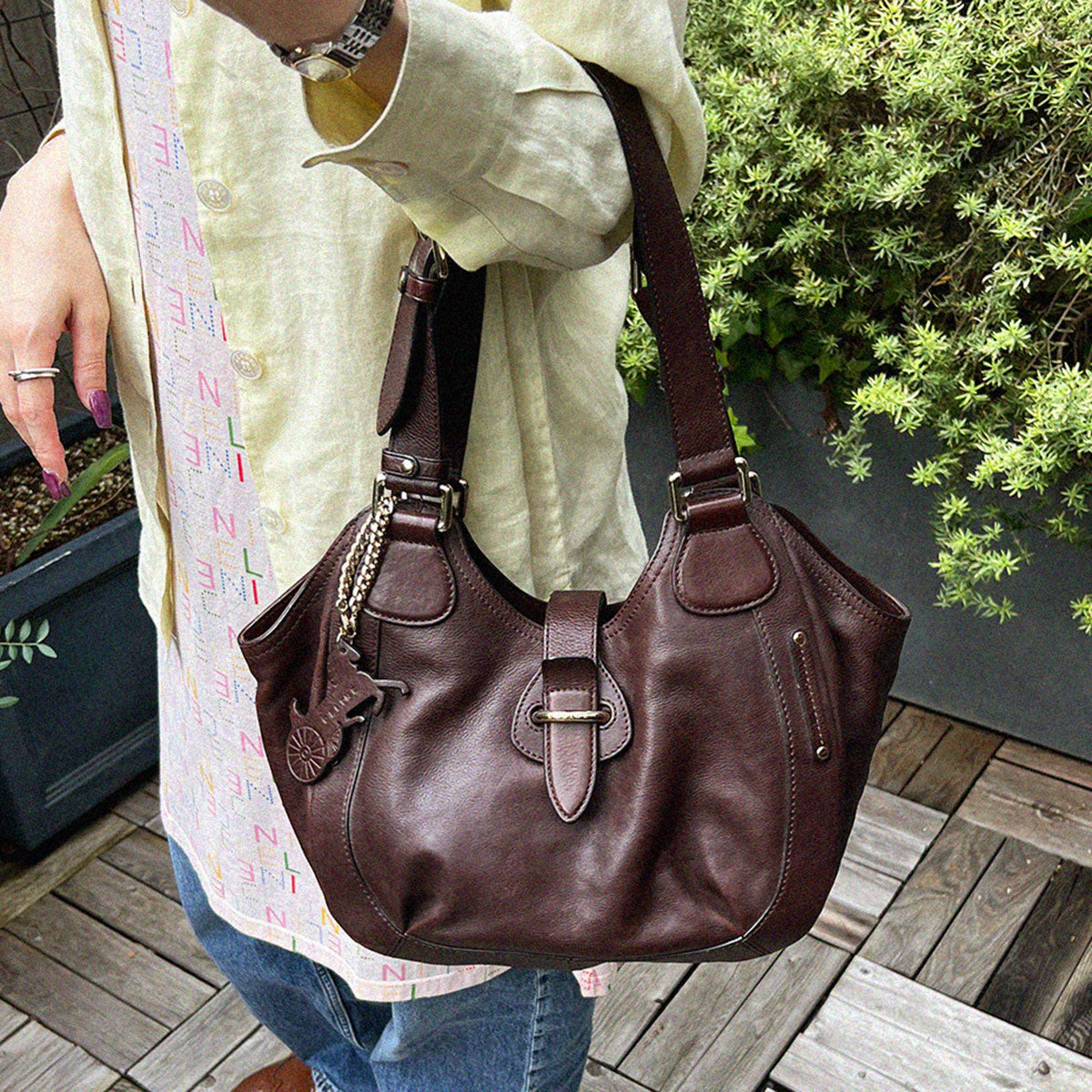 Logo Plate Horse Charm Handbag - Dark Brown
