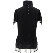 2004 Cashmere CC Mark Button Camellia Motif Beaded Fringe Short Sleeve Knit #42 Black