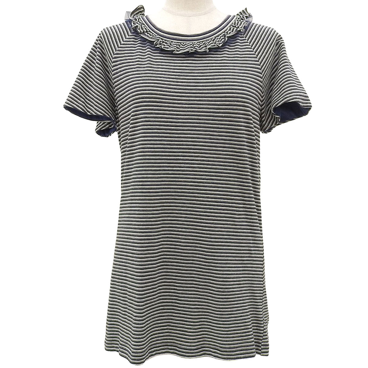 ストライプパターンCCマークボタンフリルデザインTシャツ #40 ネイビー/アイボリー/ブラウン