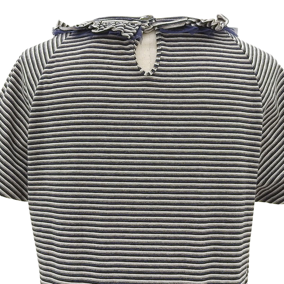 ストライプパターンCCマークボタンフリルデザインTシャツ #40 ネイビー/アイボリー/ブラウン