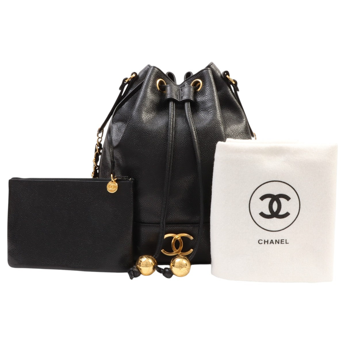Circa 1992 Caviar Skin 6CC Logo Stitch Drawstring Shoulder Bag Black