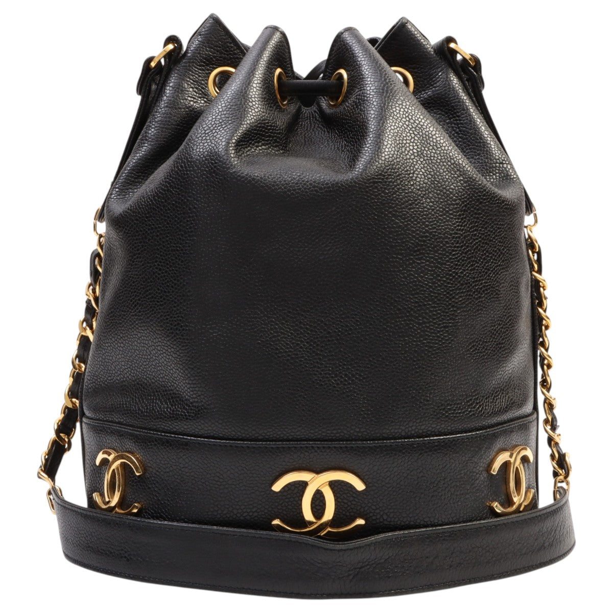 Circa 1992 Caviar Skin 6CC Logo Stitch Drawstring Shoulder Bag Black