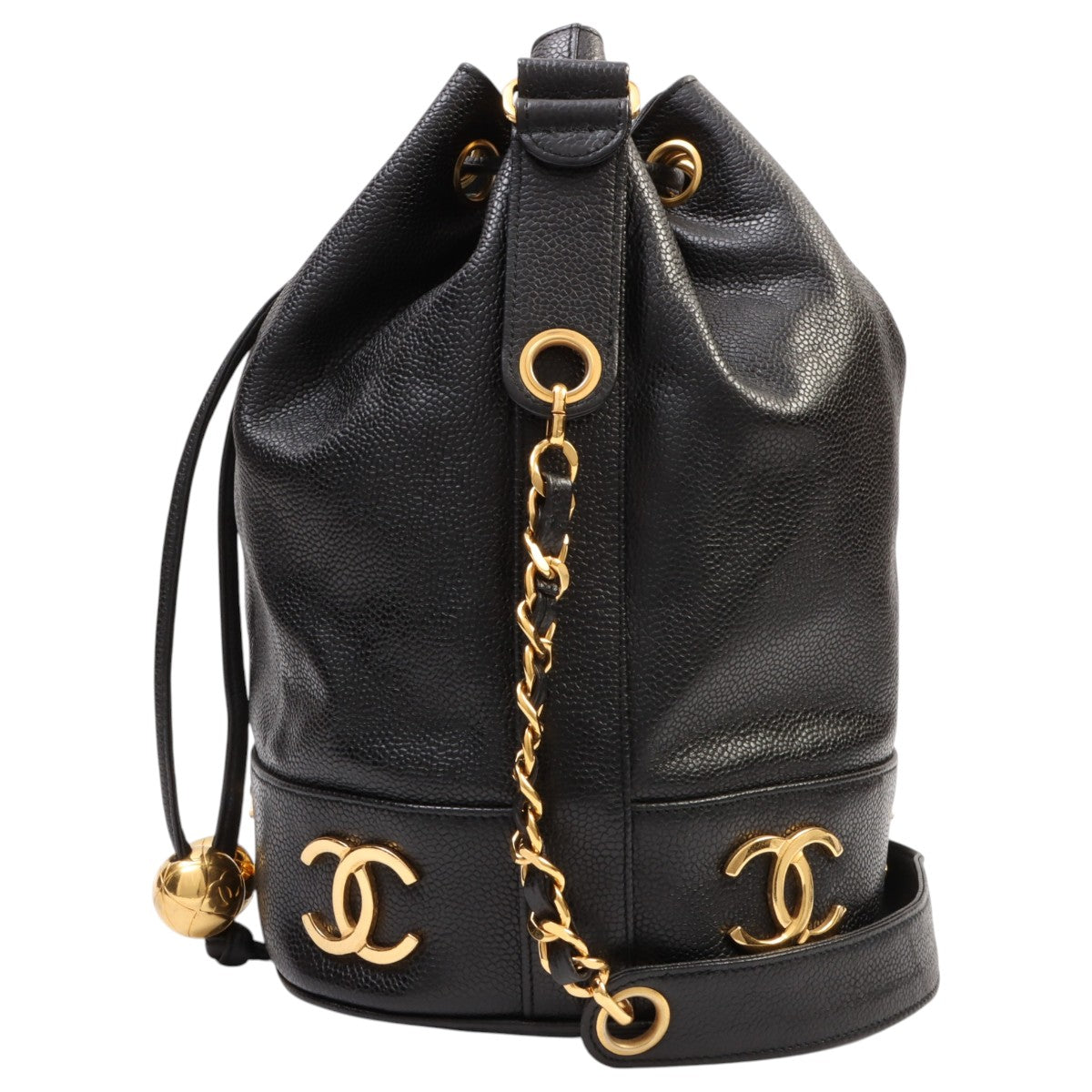 Circa 1992 Caviar Skin 6CC Logo Stitch Drawstring Shoulder Bag Black