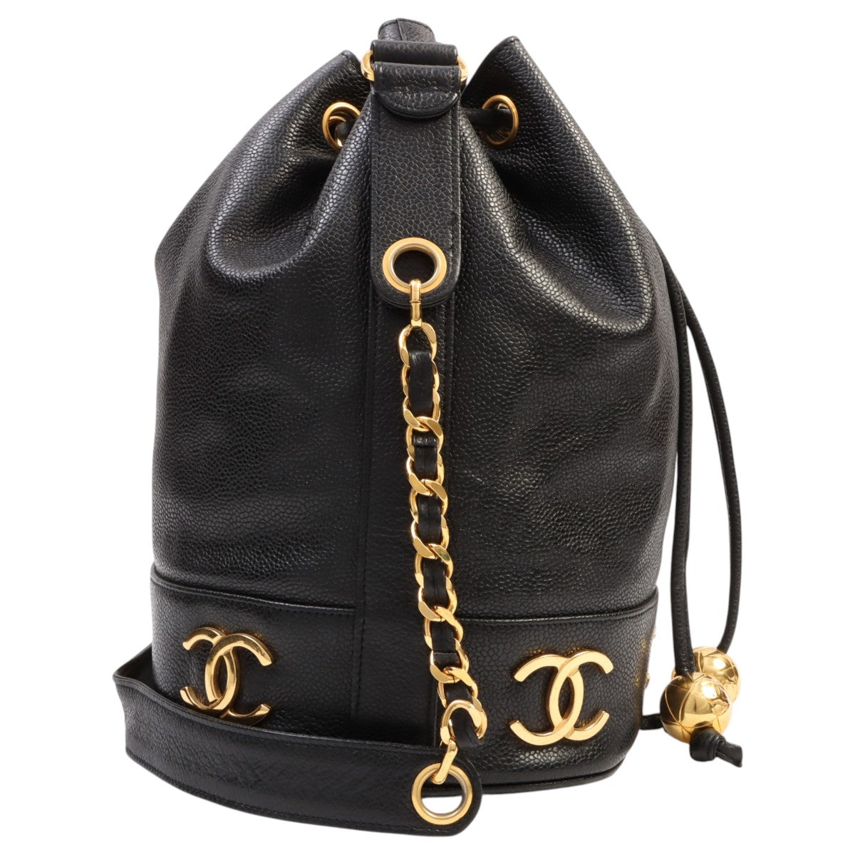 Circa 1992 Caviar Skin 6CC Logo Stitch Drawstring Shoulder Bag Black