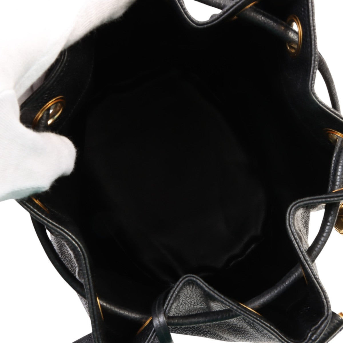 Circa 1992 Caviar Skin 6CC Logo Stitch Drawstring Shoulder Bag Black