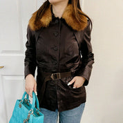 Faux Leather Combination Logo Button Coat #36 Brown