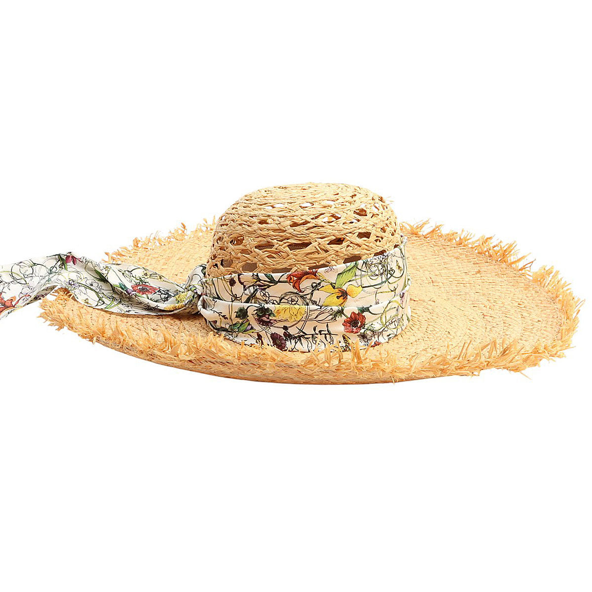 Floral Pattern Raffia Hat Beige/White