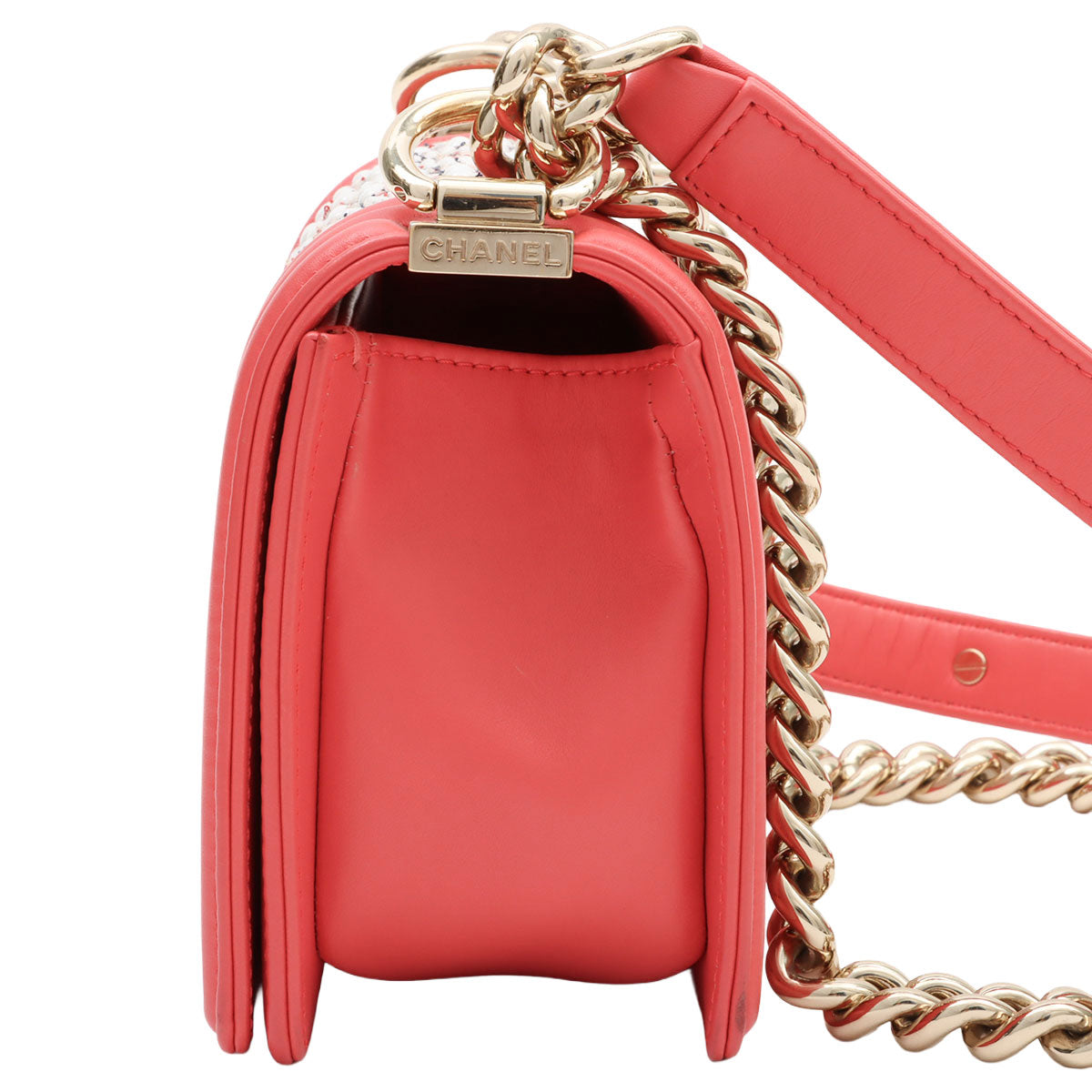 2019 Tweed Leather Boy Chanel Chain Shoulder Bag, Salmon Pink/Multi
