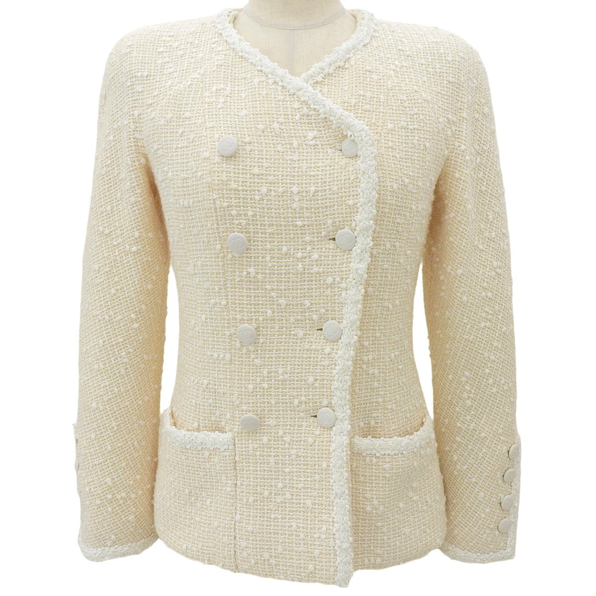 Tweed CC Mark Button Double Breasted Jacket #34 Ivory