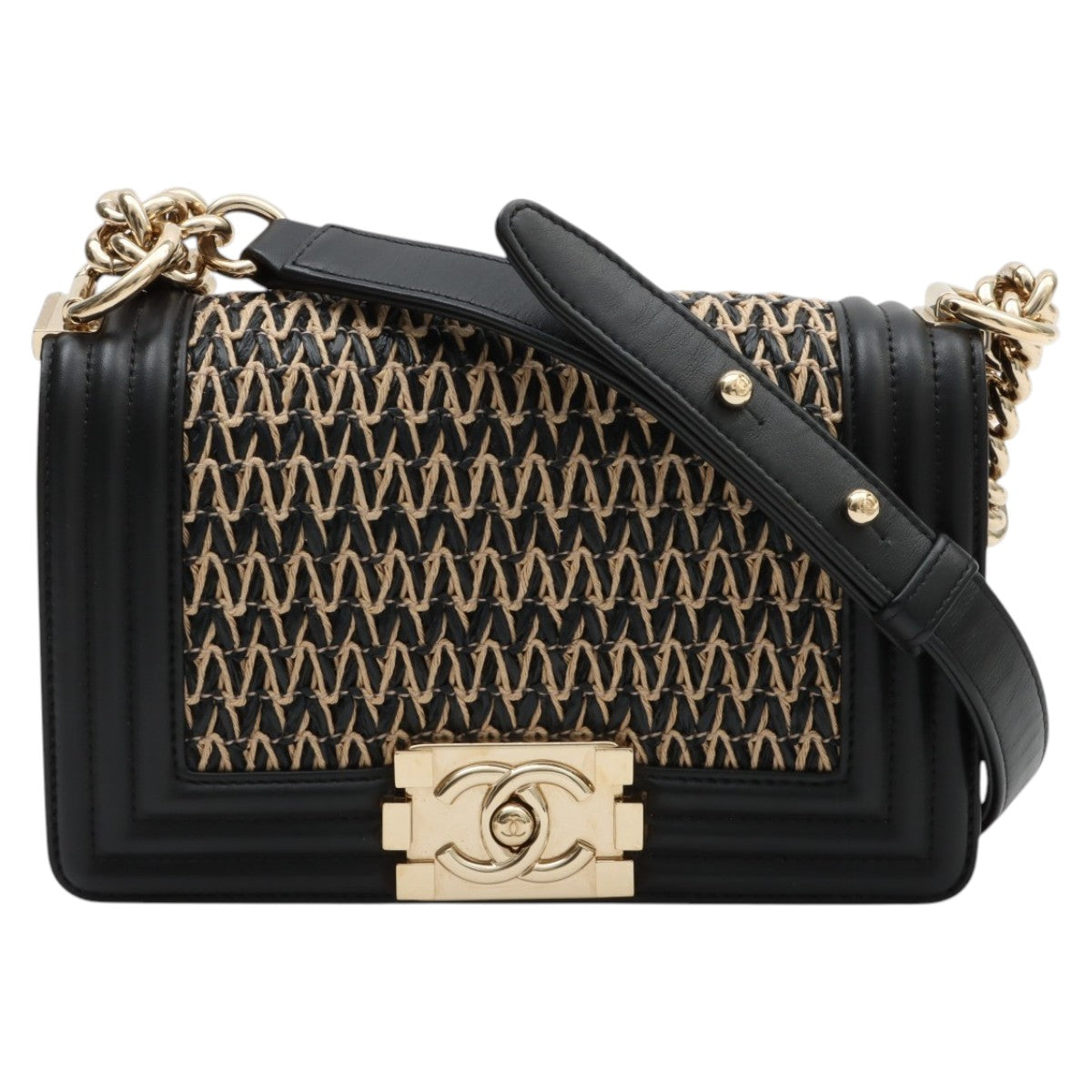CHANEL Raffia Boy Chanel Chain Shoulder Bag, Black/Beige, manufactured around 2019