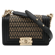 CHANEL Raffia Boy Chanel Chain Shoulder Bag, Black/Beige, manufactured around 2019