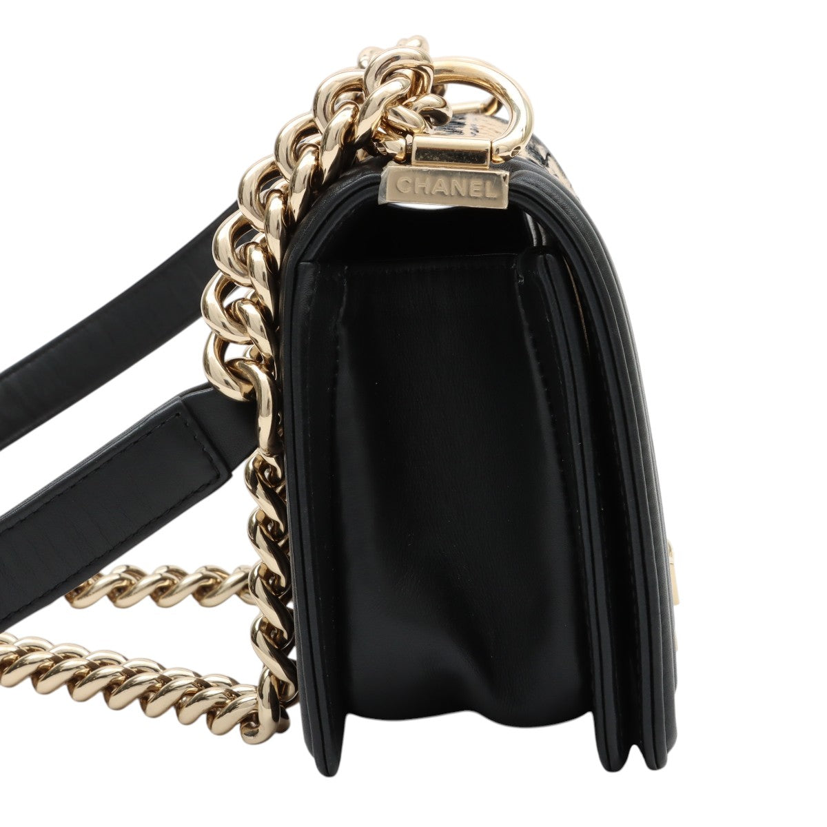 CHANEL Raffia Boy Chanel Chain Shoulder Bag, Black/Beige, manufactured around 2019