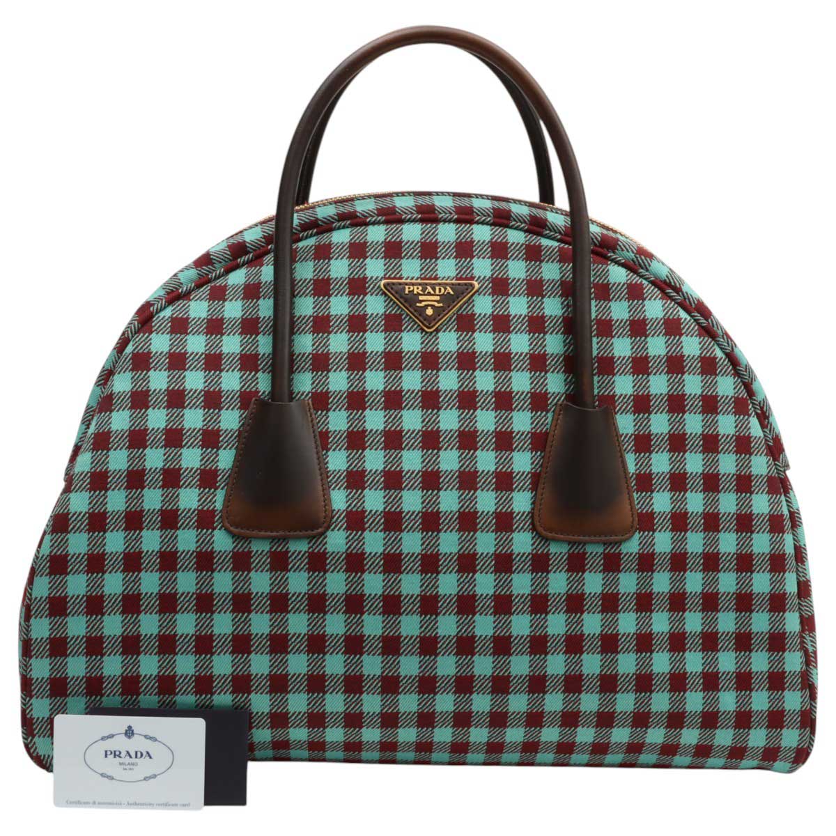 Block Check Pattern Logo Plate Boston Bag Mint Green/Brown