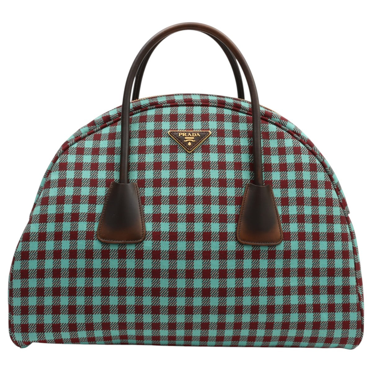 Block Check Pattern Logo Plate Boston Bag Mint Green/Brown