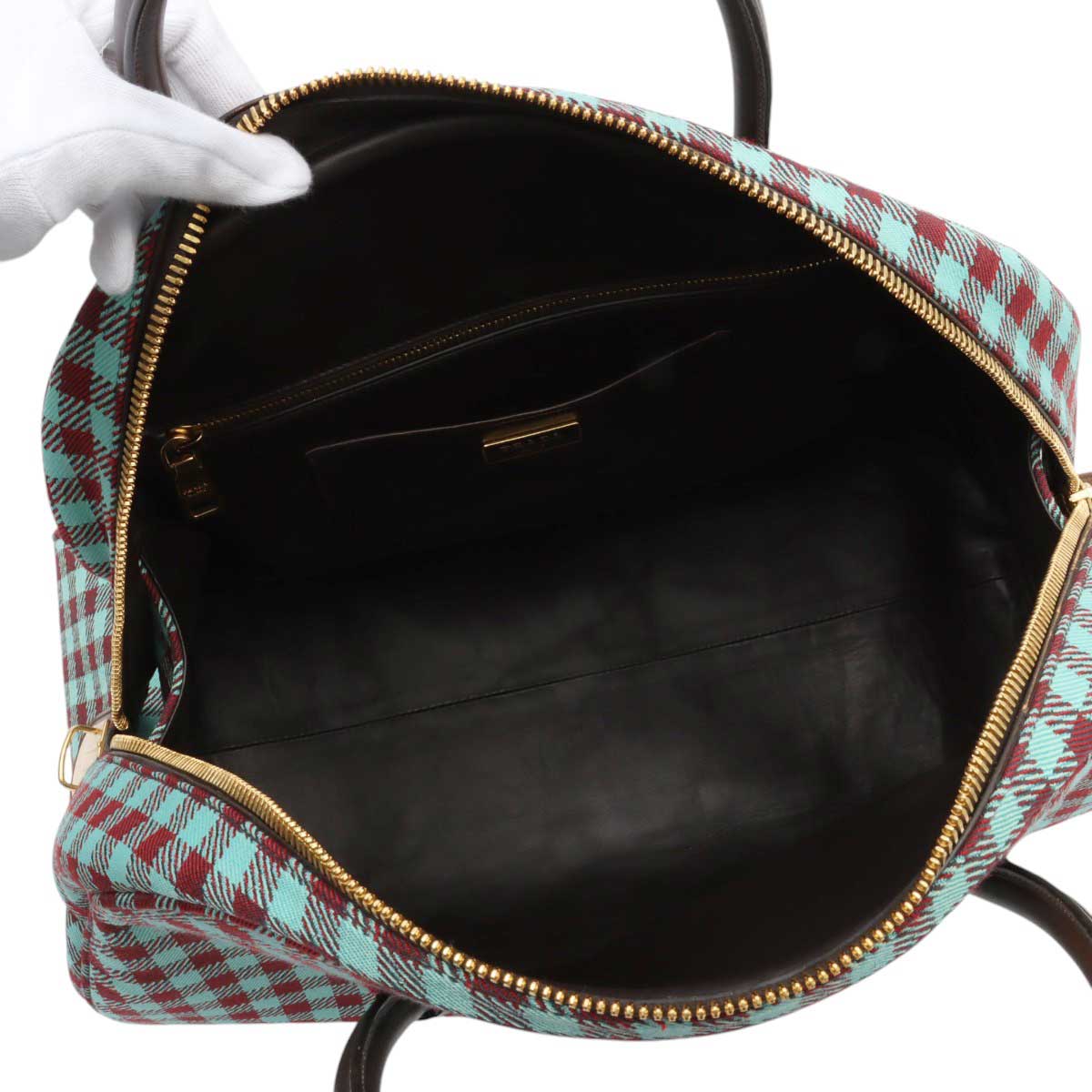 Block Check Pattern Logo Plate Boston Bag Mint Green/Brown