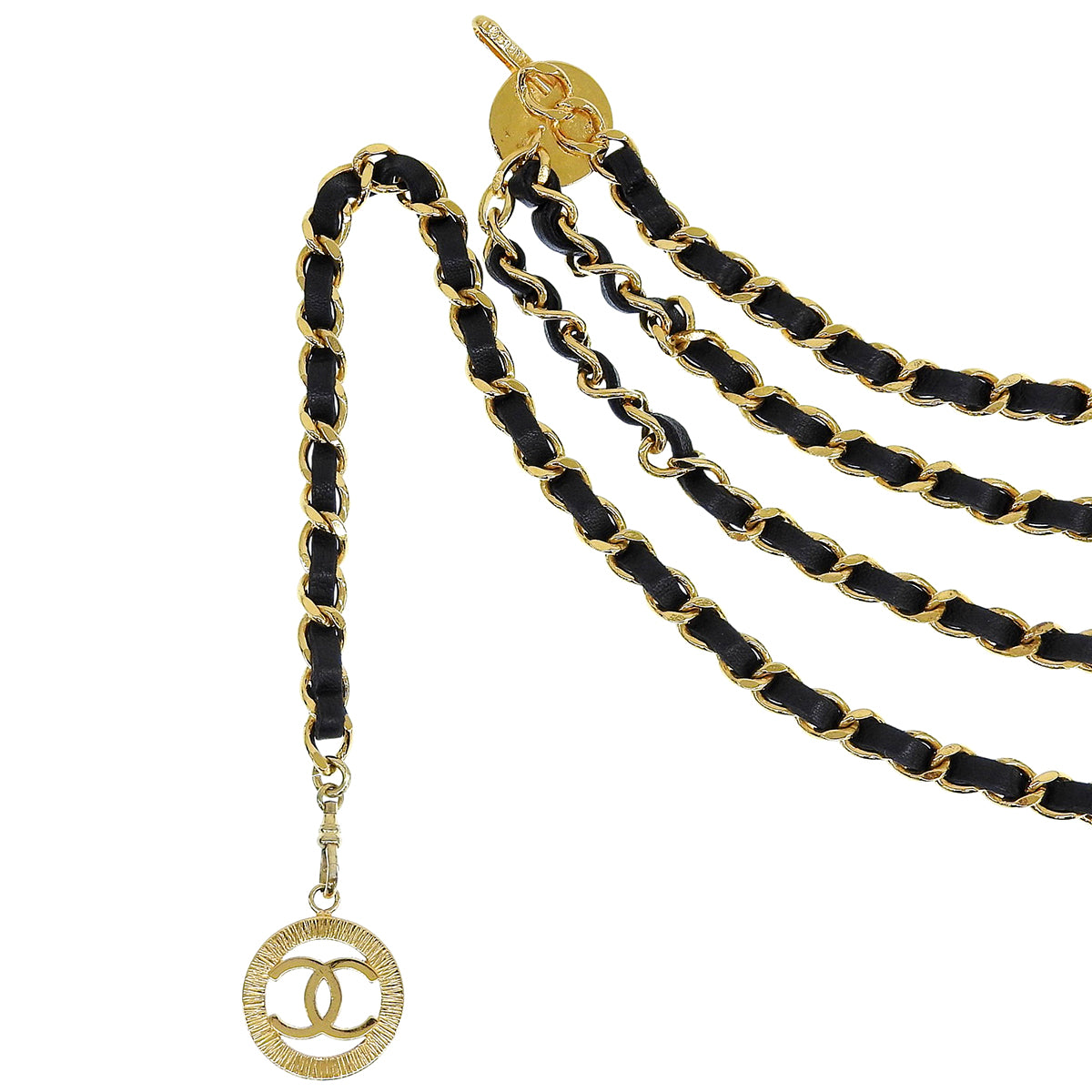 Round CC Mark Plate Chain Belt, Black/Gold