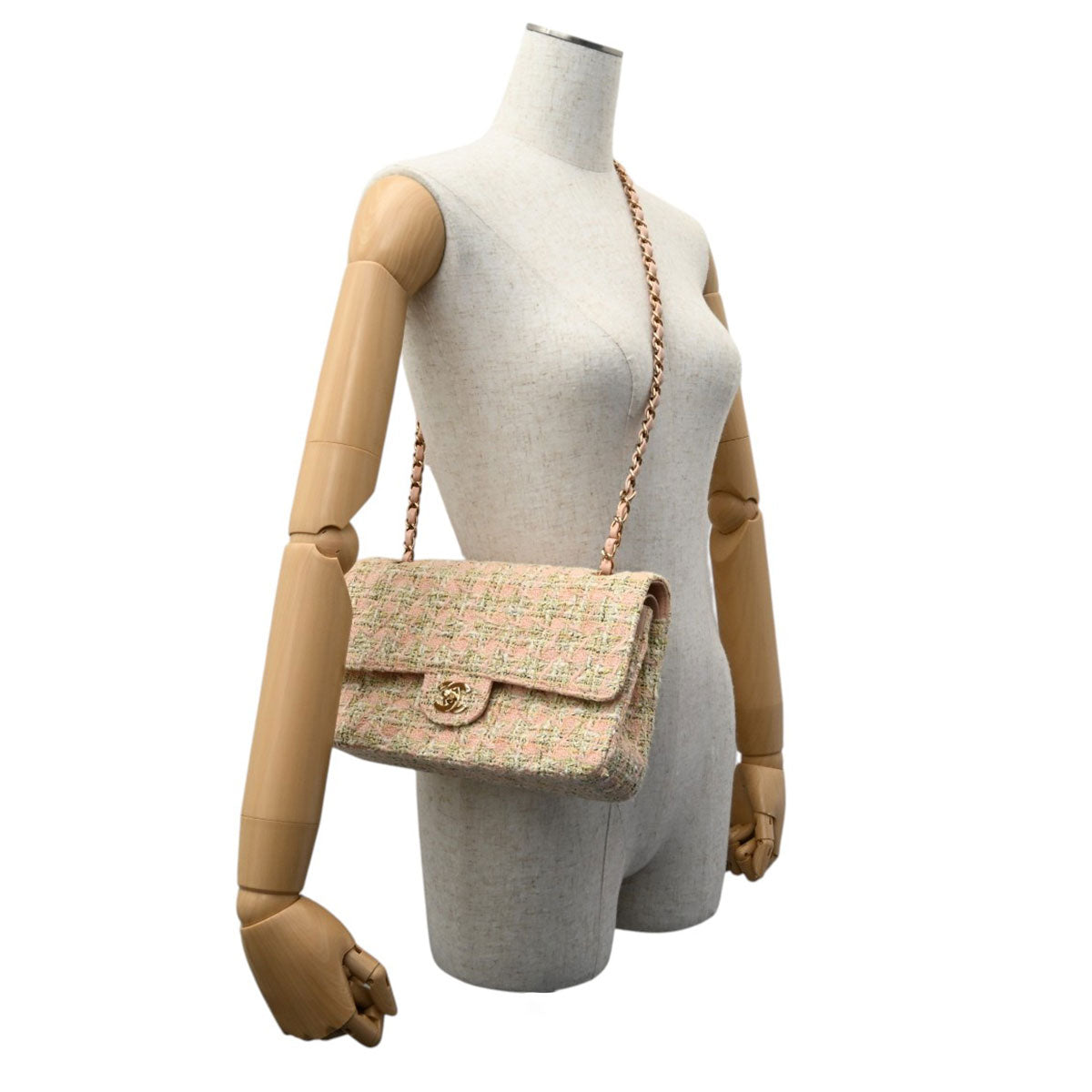 2005-era tweed classic flap chain bag 25cm, pink/green