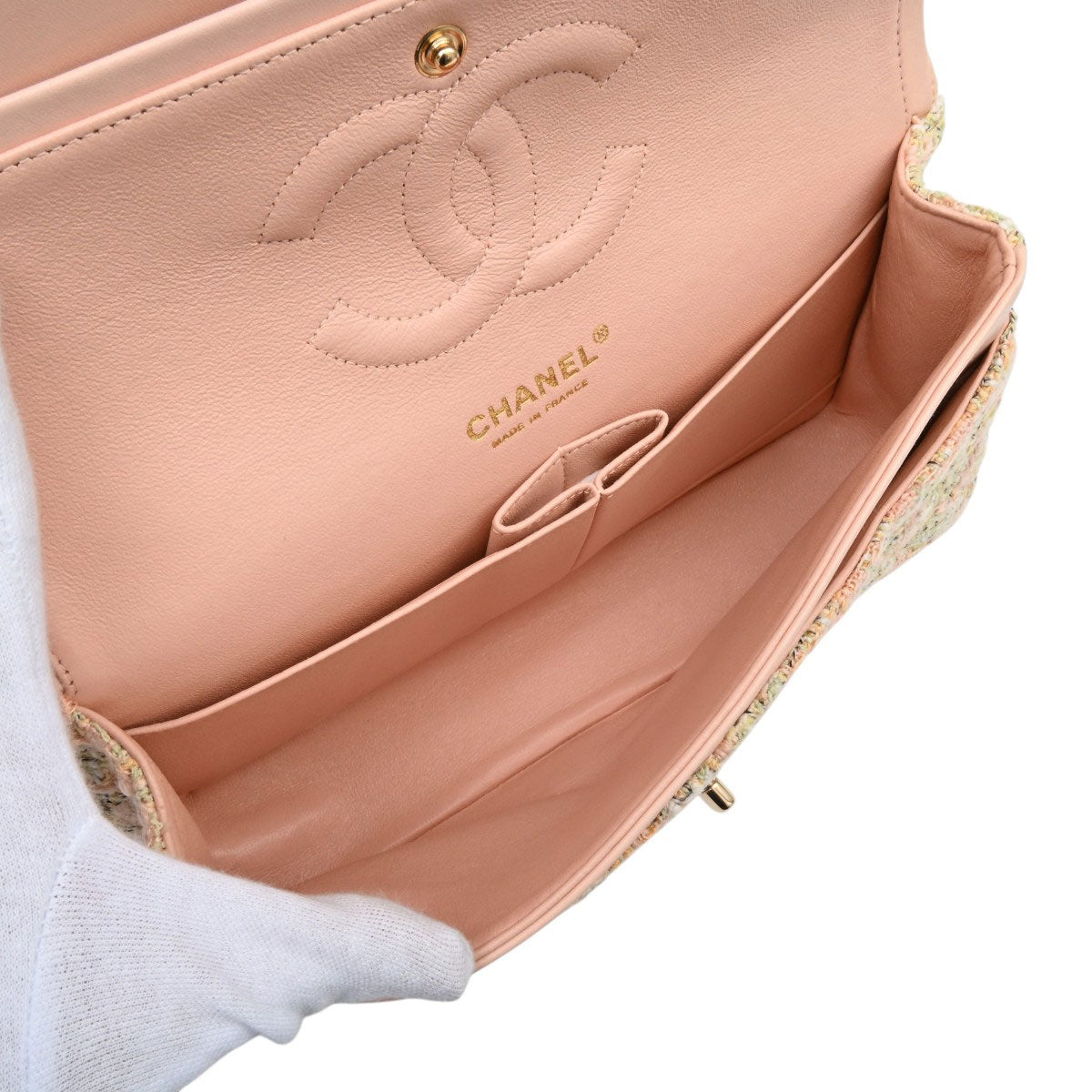 2005-era tweed classic flap chain bag 25cm, pink/green