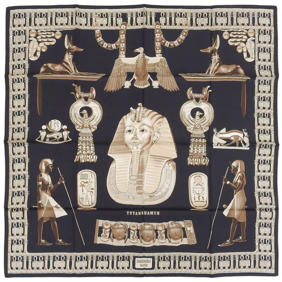 カレ90 TUTANKHAMUNスカーフ ブラック/ベージュ