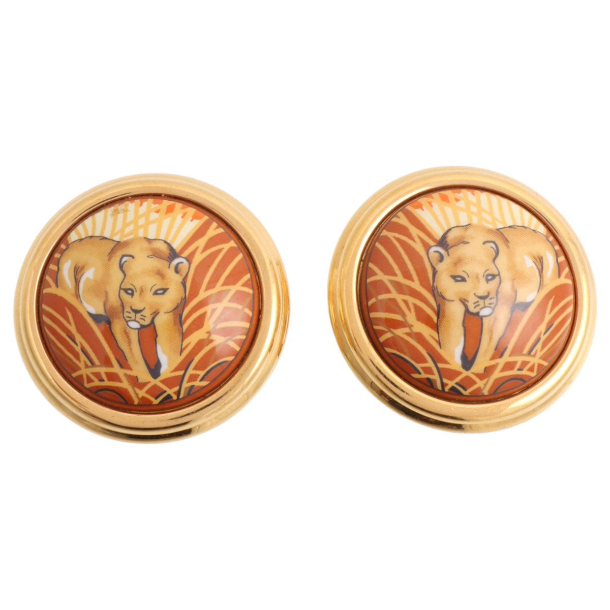 Lion Motif Enamel Earrings - Gold