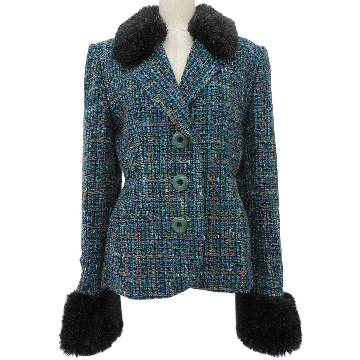 Tweed Faux Fur Combination Jacket #36 Green/Multi-color