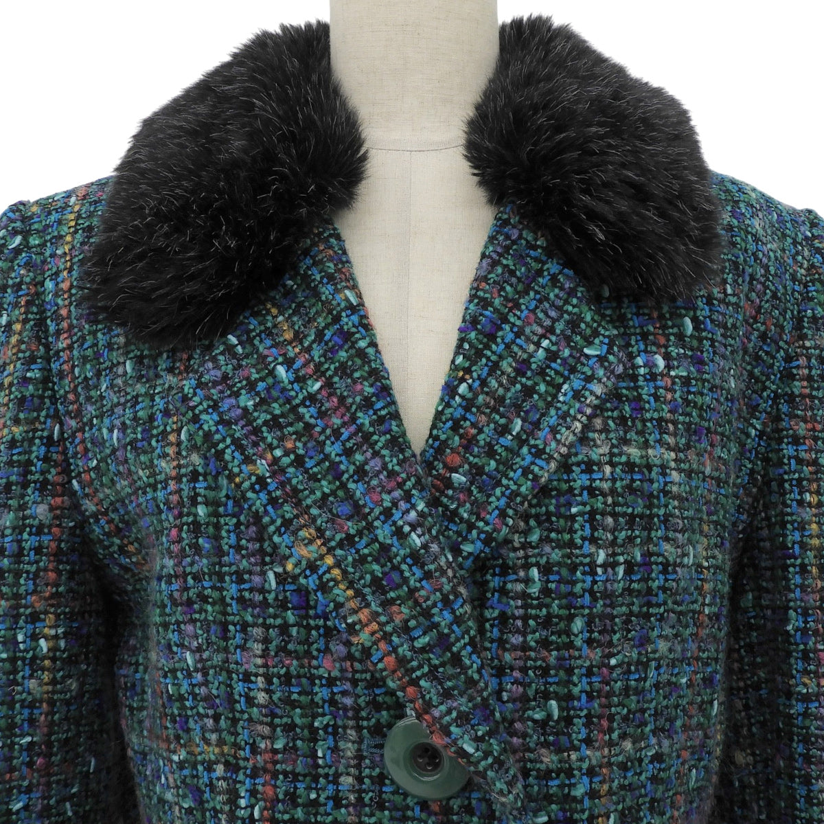 Tweed Faux Fur Combination Jacket #36 Green/Multi-color