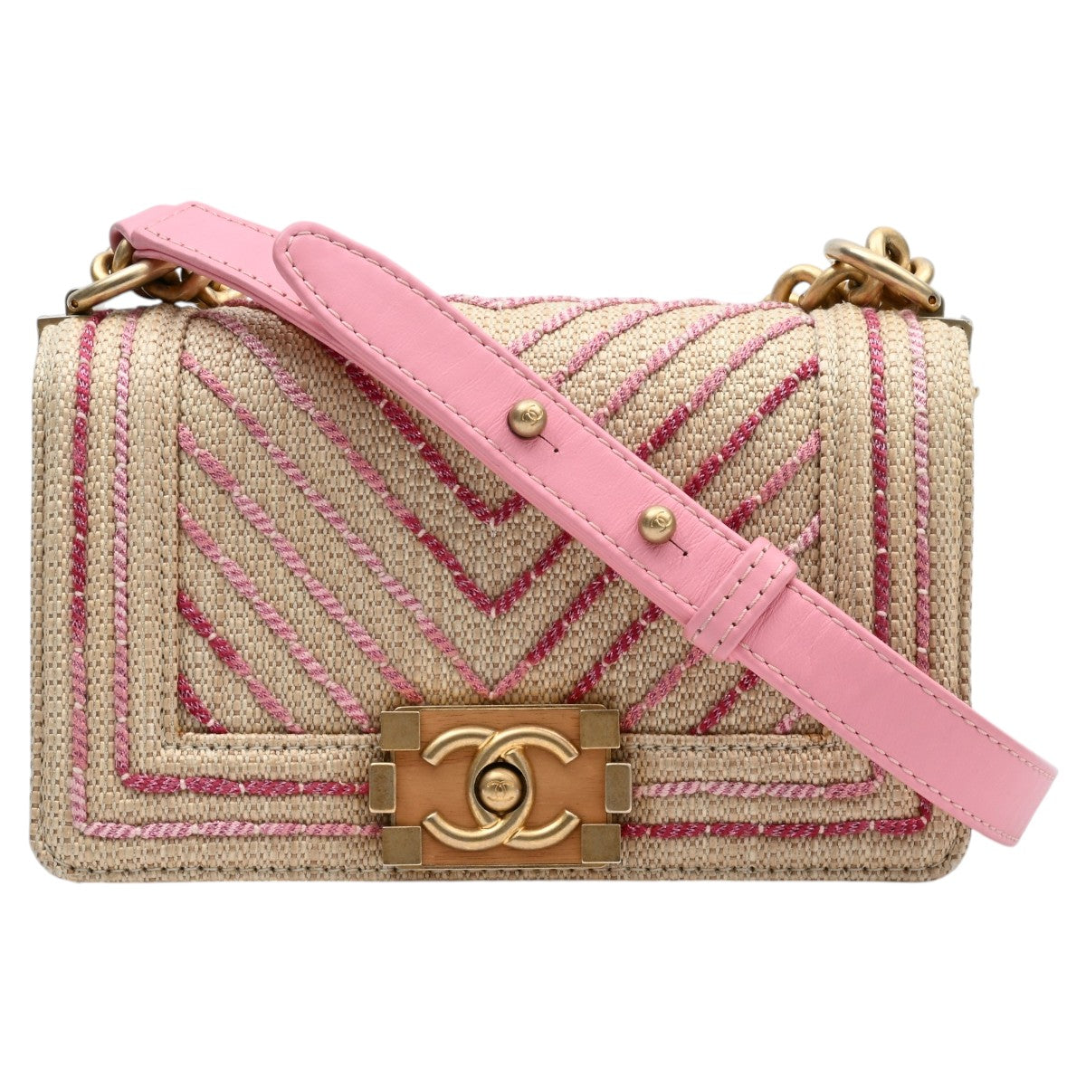 2019 Raffia Chevron Stitch Boy Chanel Chain Shoulder Bag Beige/Pink