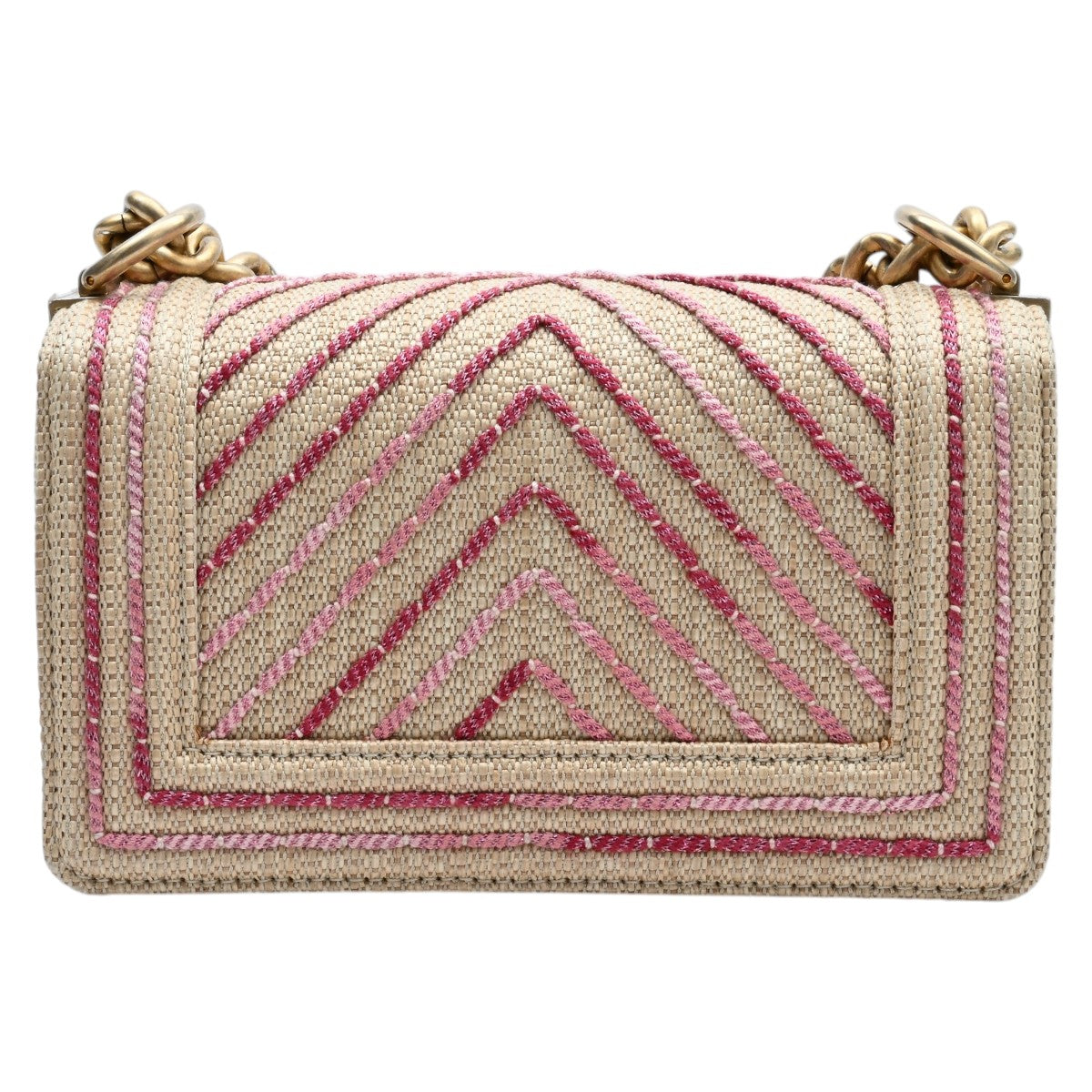 2019 Raffia Chevron Stitch Boy Chanel Chain Shoulder Bag Beige/Pink