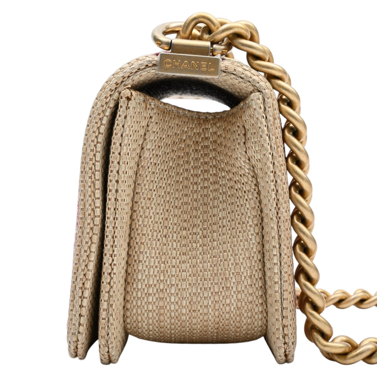 2019 Raffia Chevron Stitch Boy Chanel Chain Shoulder Bag Beige/Pink