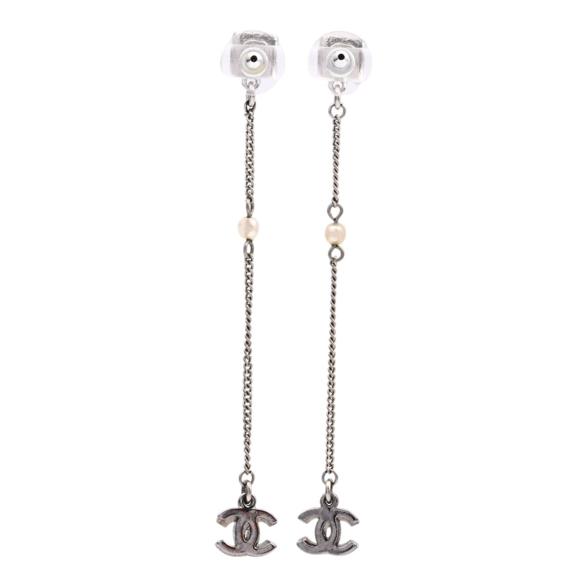 2003 Pearl Rhinestone CC Mark Swing Earrings Silver