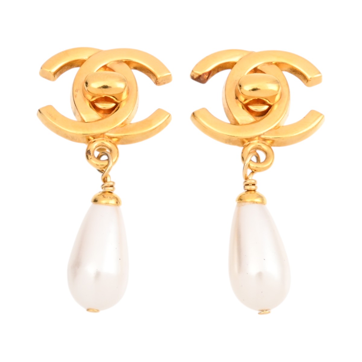 1996 CC Mark Pearl Swing Earrings Gold