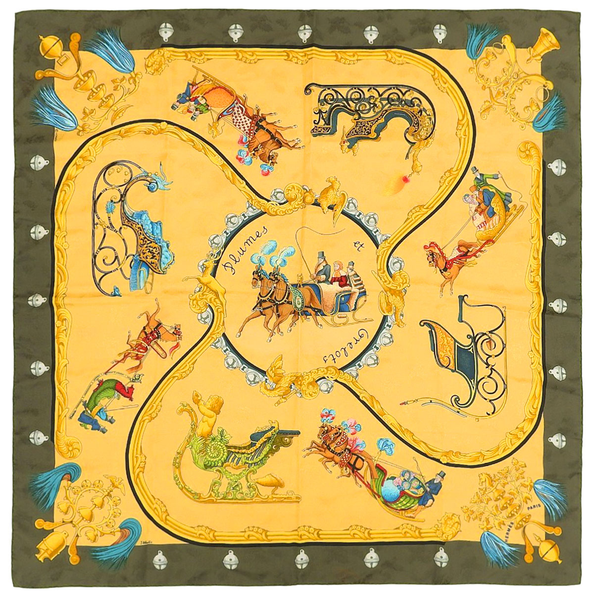 Carre 90 Plumes et Grelots Scarf Green/Yellow/Multi-color
