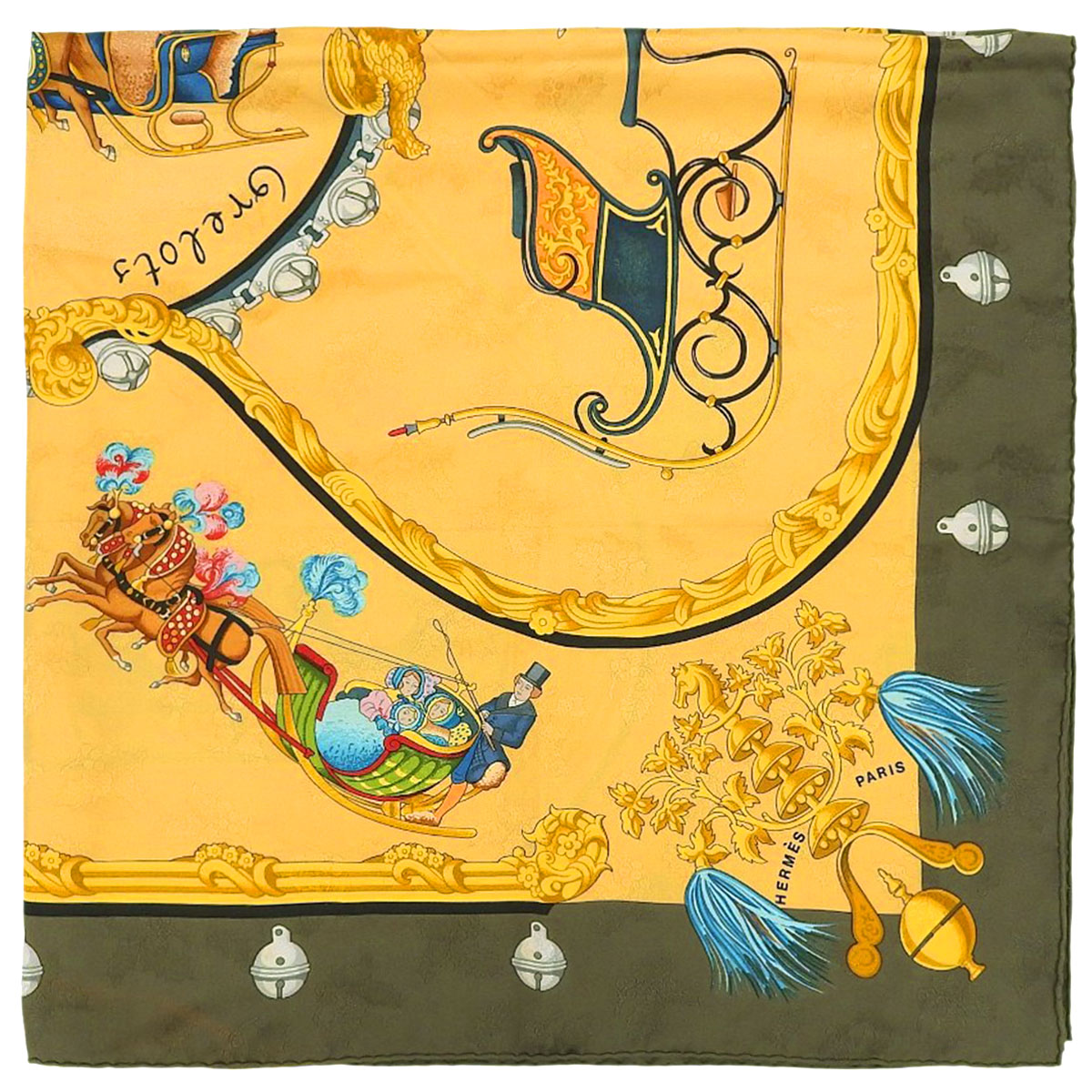 Carre 90 Plumes et Grelots Scarf Green/Yellow/Multi-color