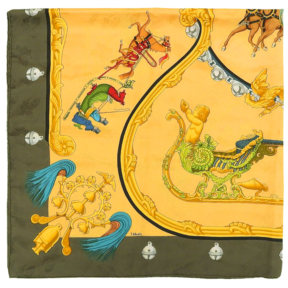 Carre 90 Plumes et Grelots Scarf Green/Yellow/Multi-color