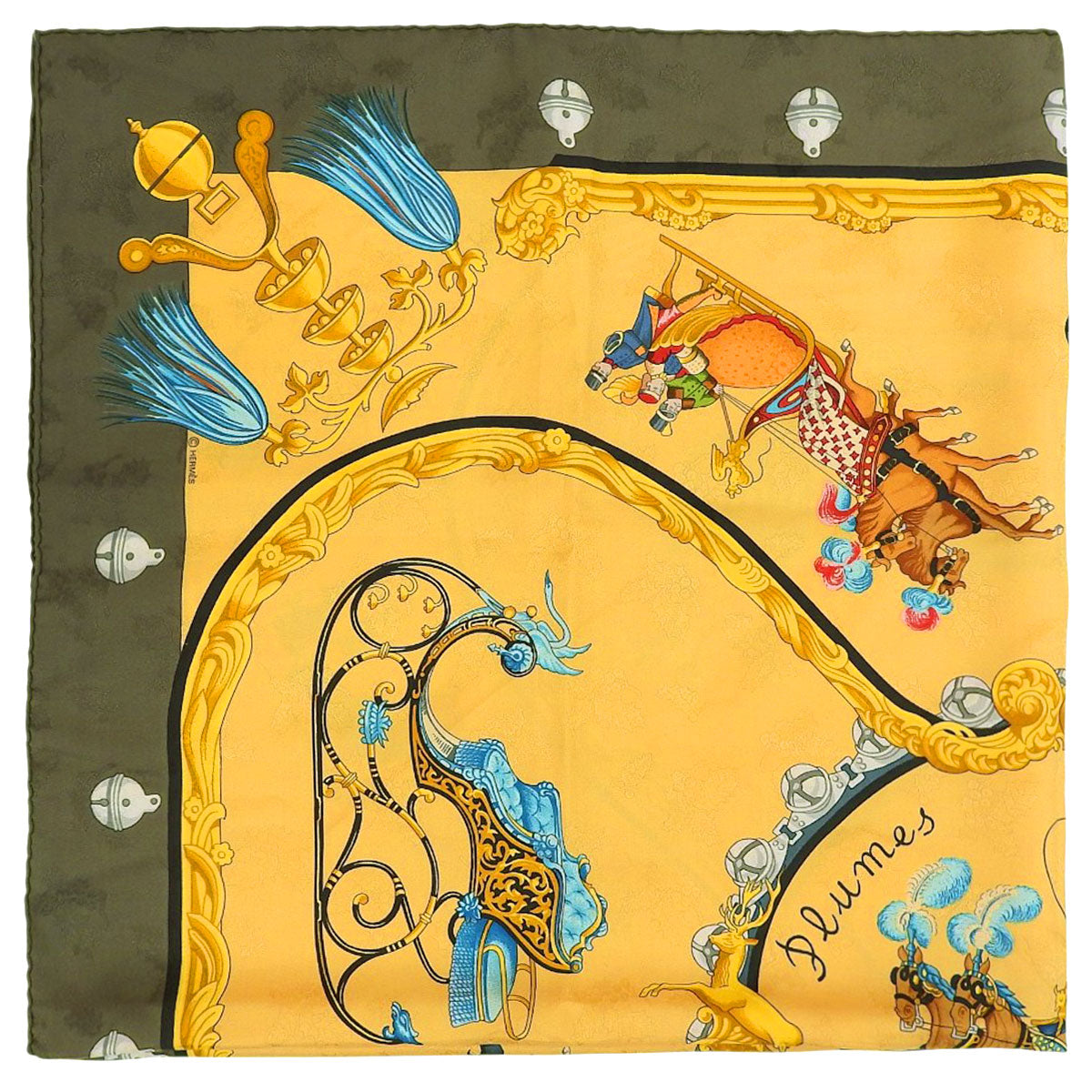 Carre 90 Plumes et Grelots Scarf Green/Yellow/Multi-color