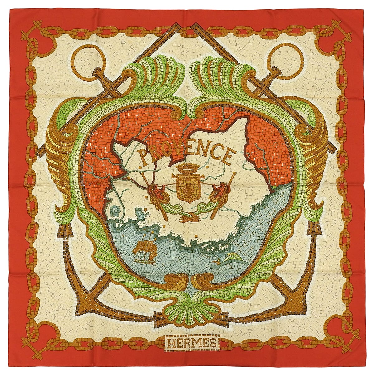 爱马仕90厘米普罗旺斯方巾 橘色/米色