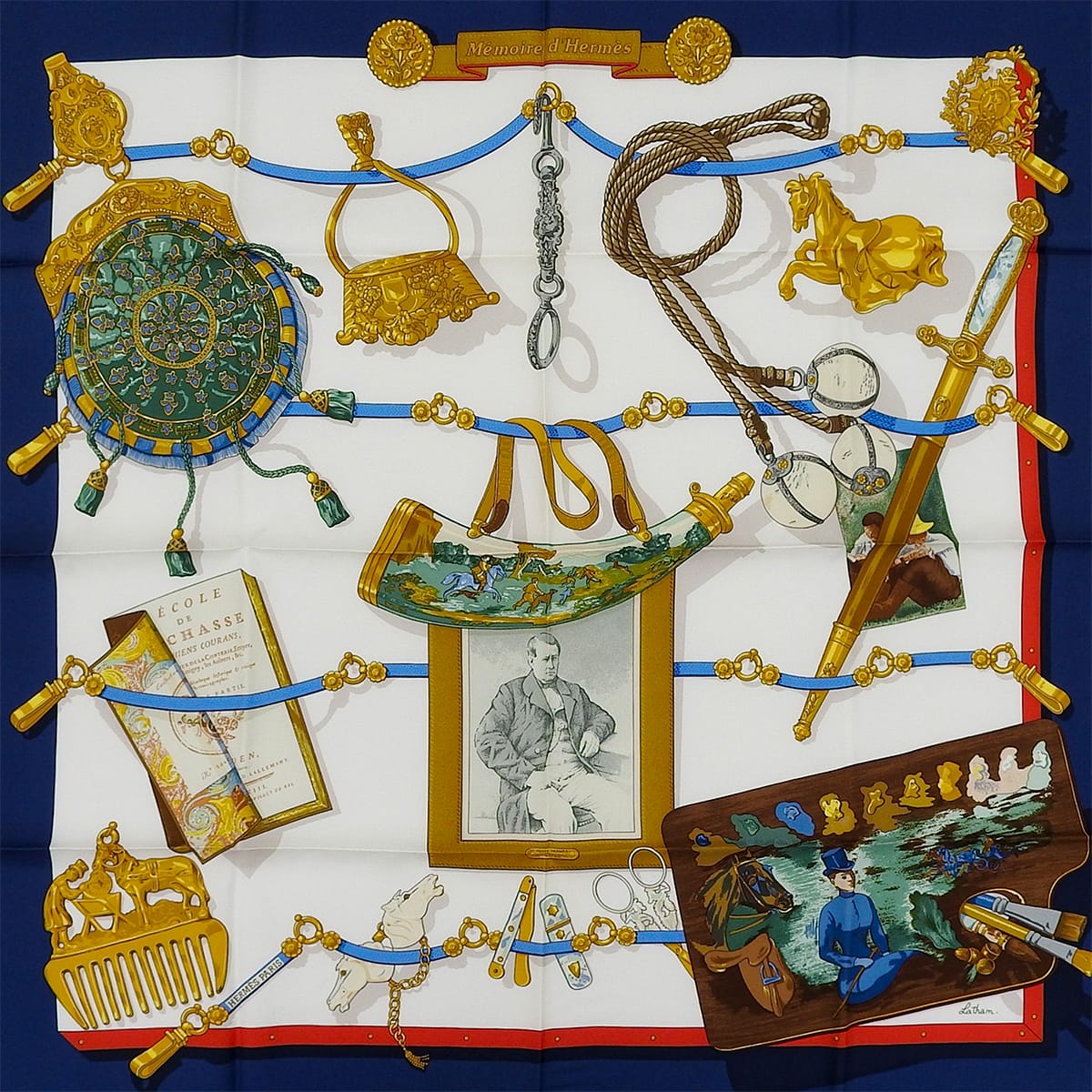 Hermes Memoire 90 Scarf in Navy/White